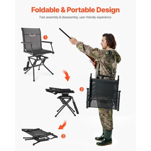 Hunting Chair, 360? Silent Swivel, Foldable Lightweight Portable Blind Chair, Heavy-Duty Steel Frame Ground Stool Seat, with Armrest, Adjustable Carry Strap, 300 Lbs Capacity for Fishing Camping
