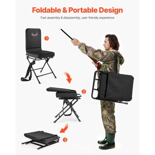 Hunting Chair, 360? Silent Swivel, Foldable Lightweight Portable Blind Chair, Heavy-Duty Steel Frame Ground Stool Seat, with Adjustable Shoulder Strap, 300 Lbs Capacity for Fishing, Camping