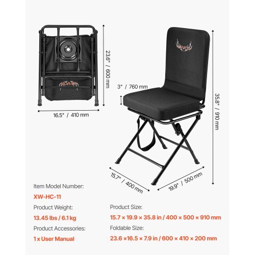 Hunting Chair, 360? Silent Swivel, Foldable Lightweight Portable Blind Chair, Heavy-Duty Steel Frame Ground Stool Seat, with Adjustable Shoulder Strap, 300 Lbs Capacity for Fishing, Camping