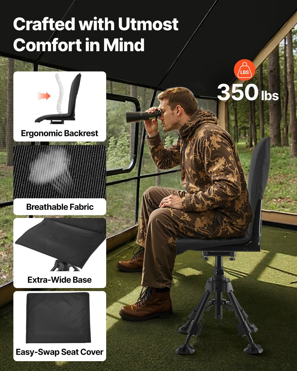 Hunting Chair, 360? Silent Swivel, Foldable Portable Blind Chair, Heavy-Duty Steel Frame Ground Stool Seat,with Seat Cover, Anti-Sink Feet, Height Adjustable, 350 Lbs Capacity, for Fishing