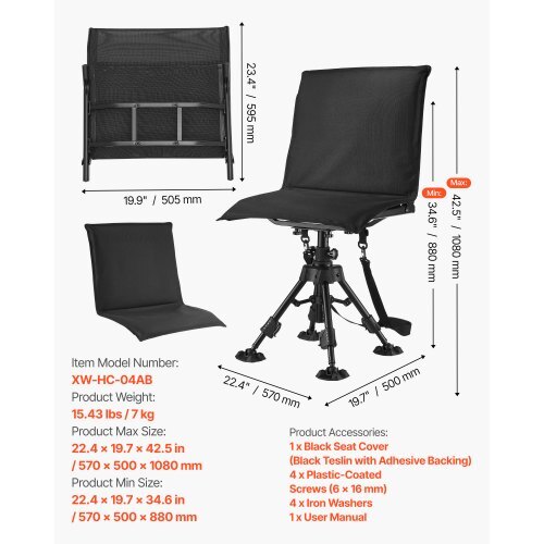 Hunting Chair, 360? Silent Swivel, Foldable Portable Blind Chair, Heavy-Duty Steel Frame Ground Stool Seat,with Seat Cover, Anti-Sink Feet, Height Adjustable, 350 Lbs Capacity, for Fishing