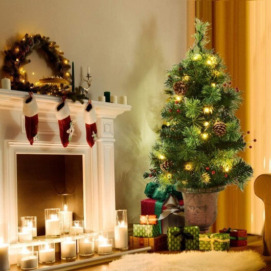 LED Christmas Tree with Red Berries Pine Cones-3' - Color: Green - Size: 3 ft