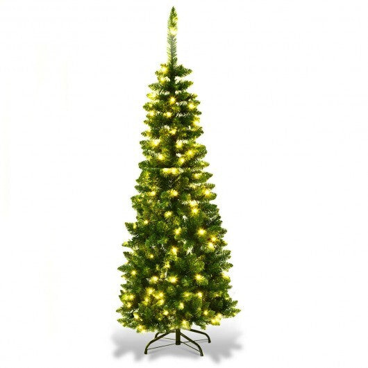 4.5 ft Pre-Lit Premium Hinged Artificial Fir Pencil Christmas Tree with LED Lights-Green - Color: Green - Size: 4.5 ft