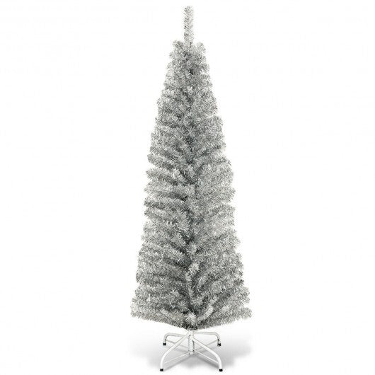 6 Feet Tinsel Tree Unlit Slim Pencil Christmas Tree-Silver with 520 Branch Tips and Folding Metal Stand - Color: Silver - Size: 6 ft