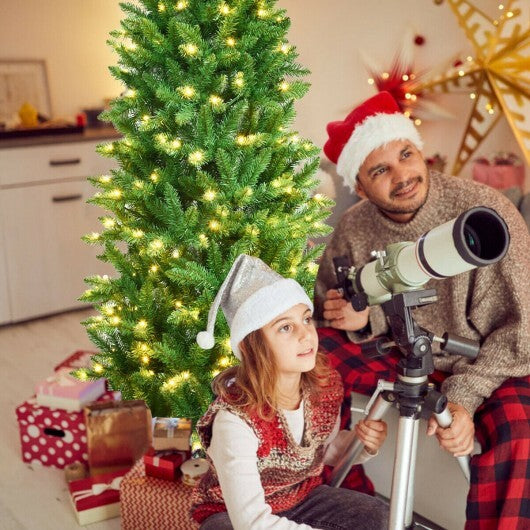 5 Feet PVC Hinged Pre-Lit Artificial Fir Pencil Christmas Tree with 150 Lights-5 ft - Color: Green - Size: 5 ft