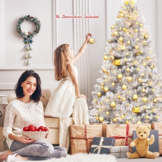 6 Feet Hinged Unlit Artificial Silver Tinsel Christmas Tree with Metal Stand - Color: Silver - Size: 6 ft