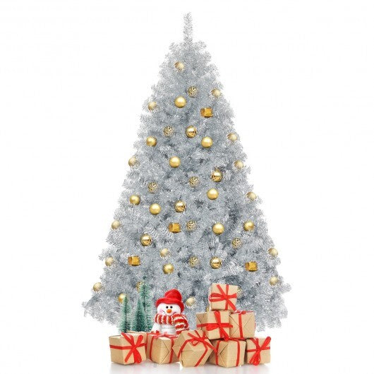 6 Feet Hinged Unlit Artificial Silver Tinsel Christmas Tree with Metal Stand - Color: Silver - Size: 6 ft