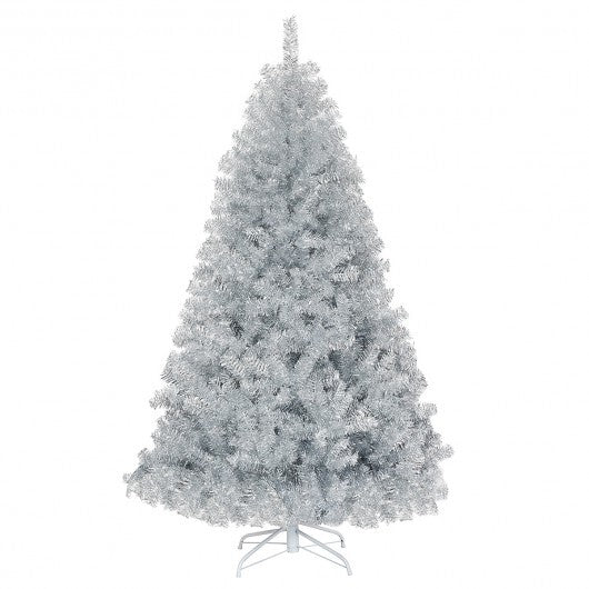 6 Feet Hinged Unlit Artificial Silver Tinsel Christmas Tree with Metal Stand - Color: Silver - Size: 6 ft