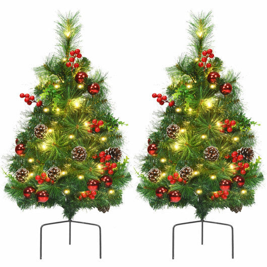 Set of 2 29 Inch Battery Powered Pre-lit Pathway Holiday Christmas Trees - Color: Green