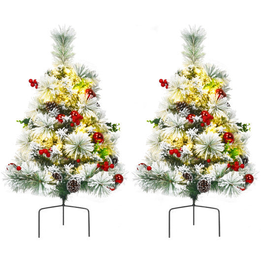 2 Feet Set of 2 Pre-lit Pathway Flocked Christmas Trees Battery Powered - Color: Green - Size: 2 ft