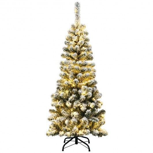 4.5 Feet Pre-Lit Snow Flocked Pencil Christmas Tree with 150 LED Light - Color: Green - Size: 4.5 ft