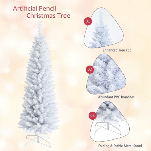 Slim Artificial Christmas Pencil Tree with PVC Needles and Folding Metal Stand-5' - Color: White - Size: 6 ft
