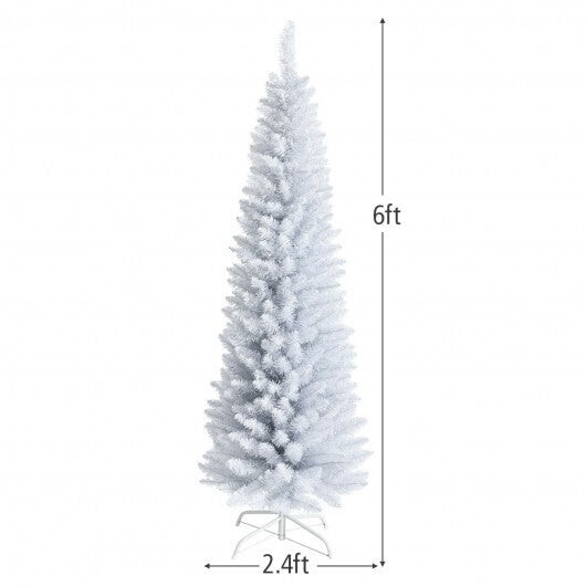 6 Feet Unlit Artificial Slim Pencil Christmas Tree with Metal Stand - Color: White - Size: 6 ft