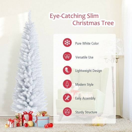 6 Feet Unlit Artificial Slim Pencil Christmas Tree with Metal Stand - Color: White - Size: 6 ft