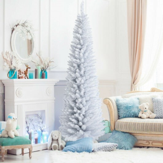 7 Feet Unlit Artificial Slim Christmas Pencil Tree with Metal Stand-7 ft - Color: White - Size: 7 ft