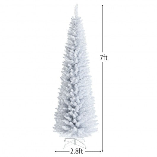 7 Feet Unlit Artificial Slim Christmas Pencil Tree with Metal Stand-7 ft - Color: White - Size: 7 ft
