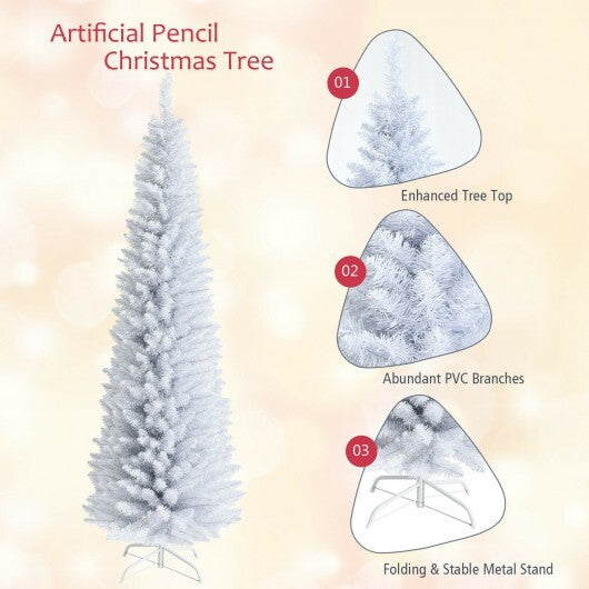 7 Feet Unlit Artificial Slim Christmas Pencil Tree with Metal Stand-7 ft - Color: White - Size: 7 ft