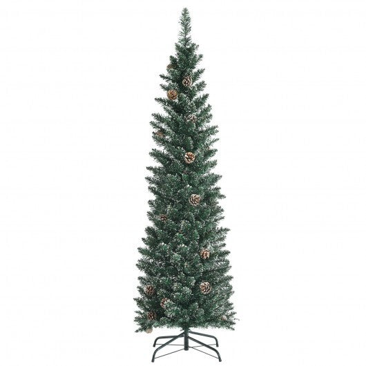 Snowy Artificial Pencil Christmas Tree with Pine Cones-5 ft - Color: Green - Size: 5 ft