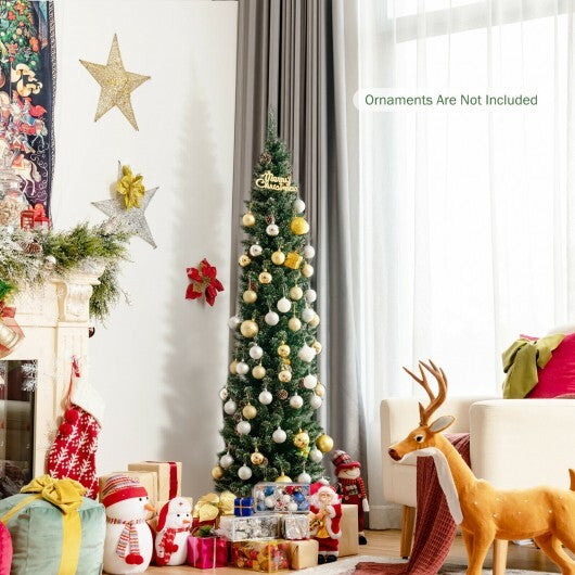 Snowy Artificial Pencil Christmas Tree with Pine Cones-5 ft - Color: Green - Size: 5 ft