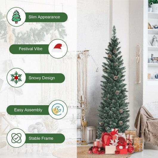 Snowy Artificial Pencil Christmas Tree with Pine Cones-5 ft - Color: Green - Size: 5 ft