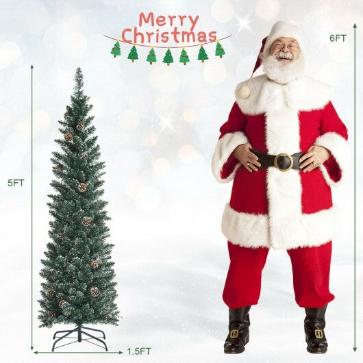 Snowy Artificial Pencil Christmas Tree with Pine Cones-5 ft - Color: Green - Size: 5 ft