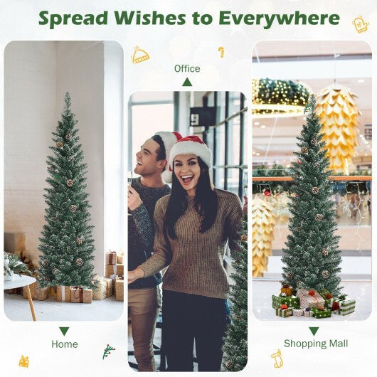 Snowy Artificial Pencil Christmas Tree with Pine Cones-5 ft - Color: Green - Size: 5 ft