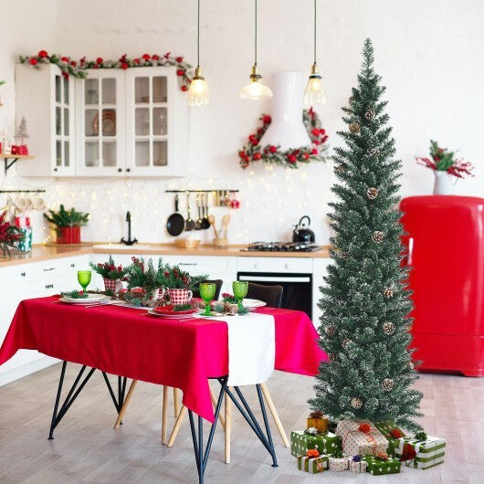 Snowy Artificial Pencil Christmas Tree with Pine Cones-6 ft - Color: Green - Size: 6 ft