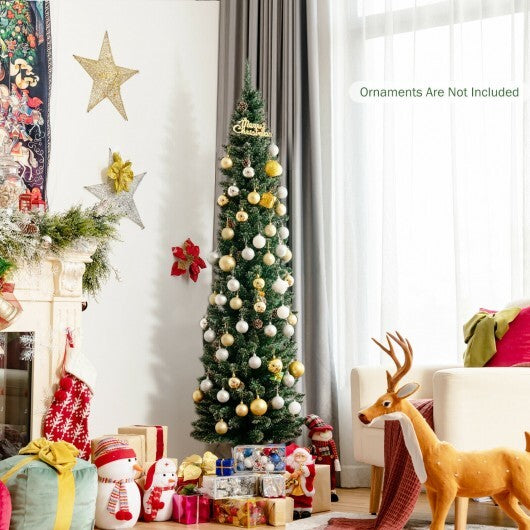 Snowy Artificial Pencil Christmas Tree with Pine Cones-6 ft - Color: Green - Size: 6 ft