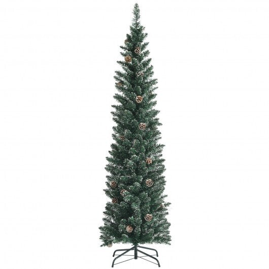 Snowy Artificial Pencil Christmas Tree with Pine Cones-6 ft - Color: Green - Size: 6 ft