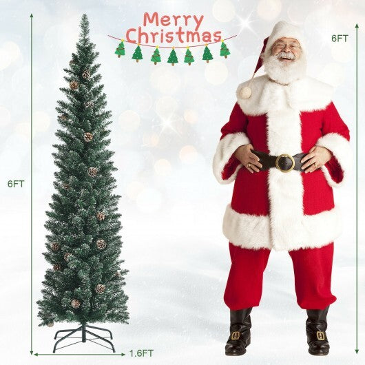 Snowy Artificial Pencil Christmas Tree with Pine Cones-6 ft - Color: Green - Size: 6 ft