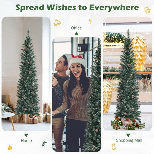 Snowy Artificial Pencil Christmas Tree with Pine Cones-6 ft - Color: Green - Size: 6 ft