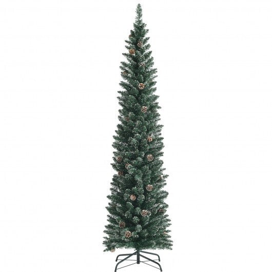 Snowy Artificial Pencil Christmas Tree with Pine Cones-7 ft - Color: Green - Size: 7 ft