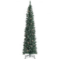 Snowy Artificial Pencil Christmas Tree with Pine Cones-7 ft - Color: Green - Size: 7 ft
