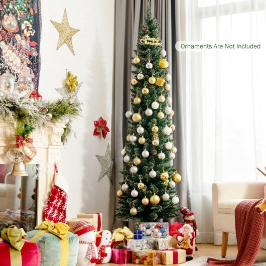 Snowy Artificial Pencil Christmas Tree with Pine Cones-7 ft - Color: Green - Size: 7 ft