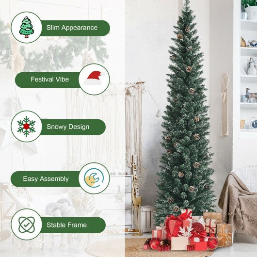Snowy Artificial Pencil Christmas Tree with Pine Cones-7 ft - Color: Green - Size: 7 ft