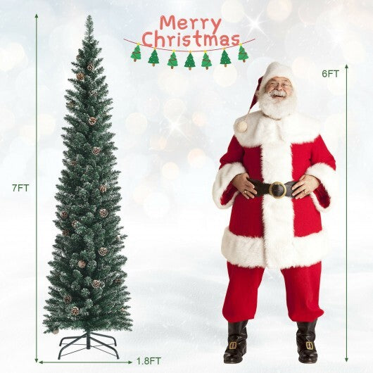 Snowy Artificial Pencil Christmas Tree with Pine Cones-7 ft - Color: Green - Size: 7 ft