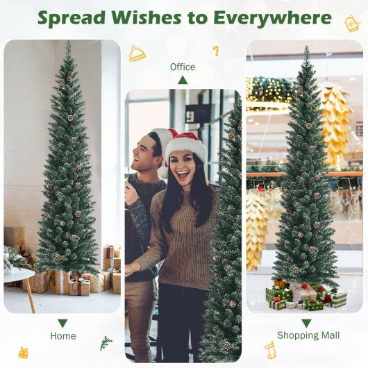 Snowy Artificial Pencil Christmas Tree with Pine Cones-7 ft - Color: Green - Size: 7 ft