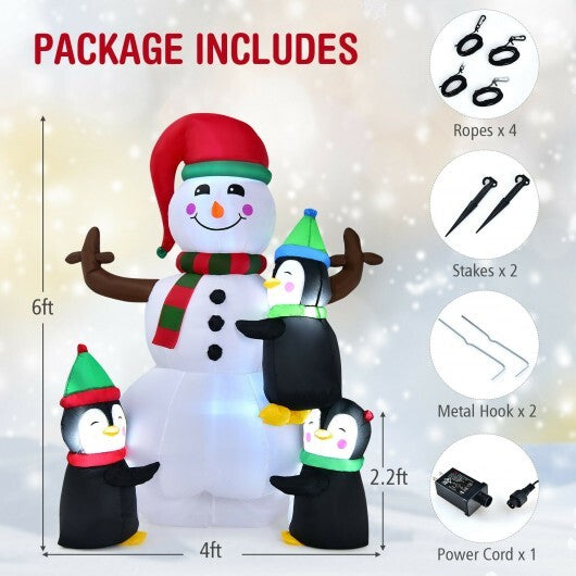 6 Feet Christmas Quick Inflatable Snowman with Penguins - Color: Multicolor - Size: 6 ft