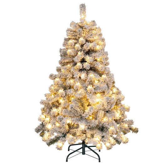 4.5 Feet Pre-Lit Premium Snow Flocked Christmas Tree with 150 Lights - Color: Multicolor - Size: 4.5 ft