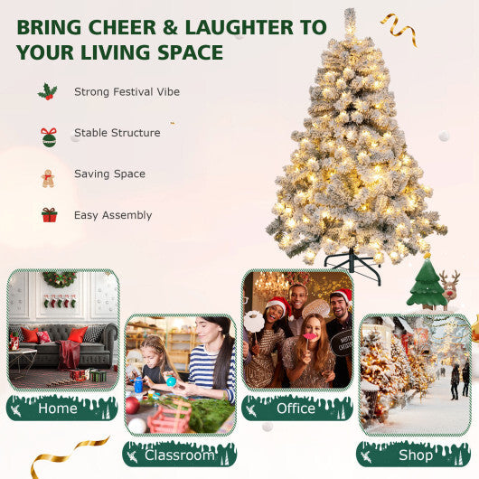 4.5 Feet Pre-Lit Premium Snow Flocked Christmas Tree with 150 Lights - Color: Multicolor - Size: 4.5 ft