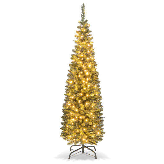 5/6/7/8/9 Feet Pre-lit Pencil Artificial Christmas Tree with 150/180/200//300/400 Warm White LED Lights-5 ft - Color: Green - Size: 5 ft