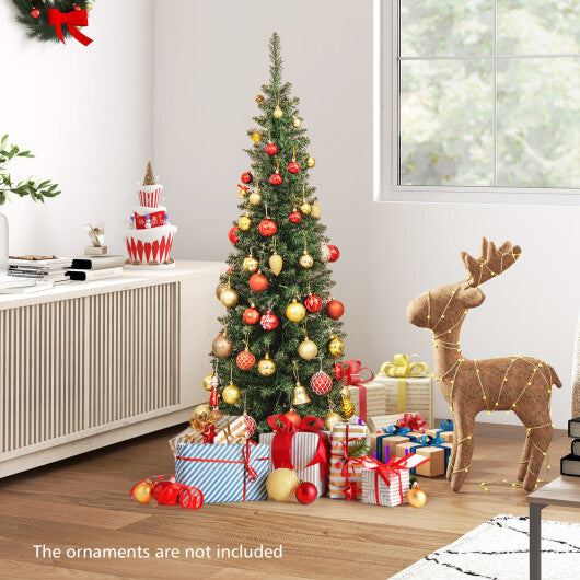 5/6/7/8/9 Feet Pre-lit Pencil Artificial Christmas Tree with 150/180/200//300/400 Warm White LED Lights-5 ft - Color: Green - Size: 5 ft
