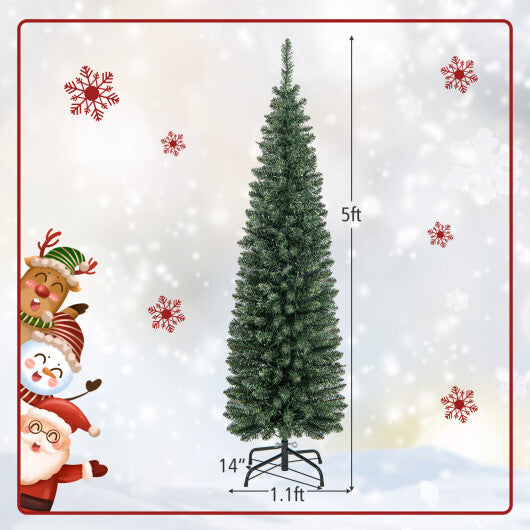 5/6/7/8/9 Feet Pre-lit Pencil Artificial Christmas Tree with 150/180/200//300/400 Warm White LED Lights-5 ft - Color: Green - Size: 5 ft