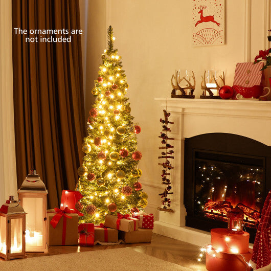 5/6/7/8/9 Feet Pre-lit Pencil Artificial Christmas Tree with 150/180/200//300/400 Warm White LED Lights-5 ft - Color: Green - Size: 5 ft