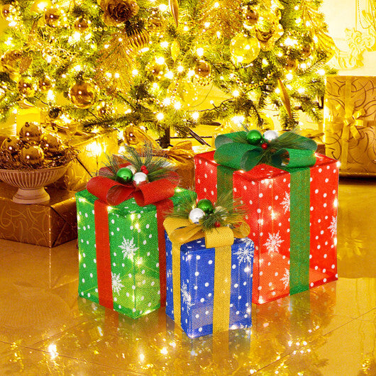 3 PCS Christmas Lighted Gift Boxes Set Decoration with 52 Pre-lit LED Lights - Color: Multicolor