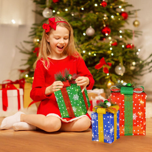 3 PCS Christmas Lighted Gift Boxes Set Decoration with 52 Pre-lit LED Lights - Color: Multicolor