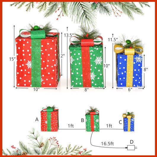 3 PCS Christmas Lighted Gift Boxes Set Decoration with 52 Pre-lit LED Lights - Color: Multicolor