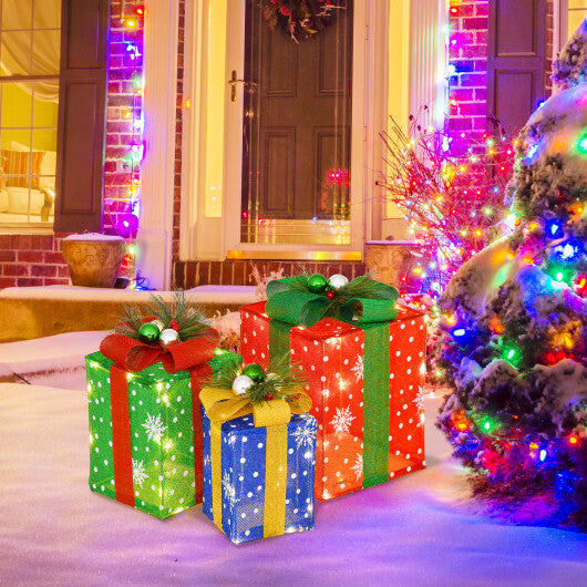 3 PCS Christmas Lighted Gift Boxes Set Decoration with 52 Pre-lit LED Lights - Color: Multicolor