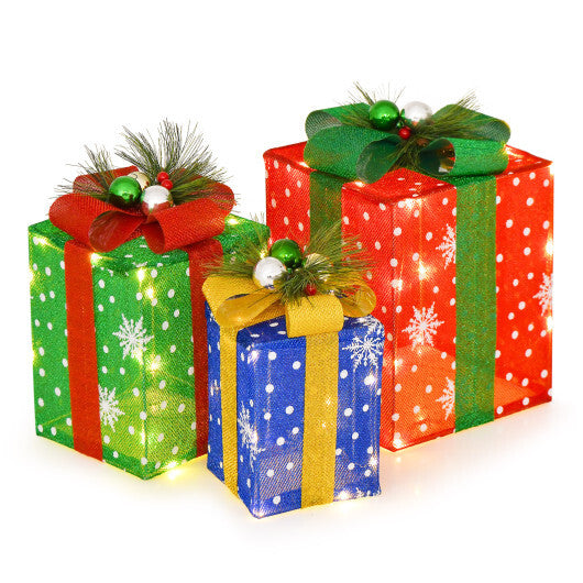 3 PCS Christmas Lighted Gift Boxes Set Decoration with 52 Pre-lit LED Lights - Color: Multicolor