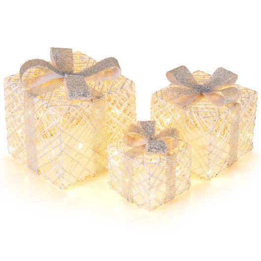3 Pack Christmas Lighted Gift Box with 50 LED Lights and Detachable Bows - Color: White
